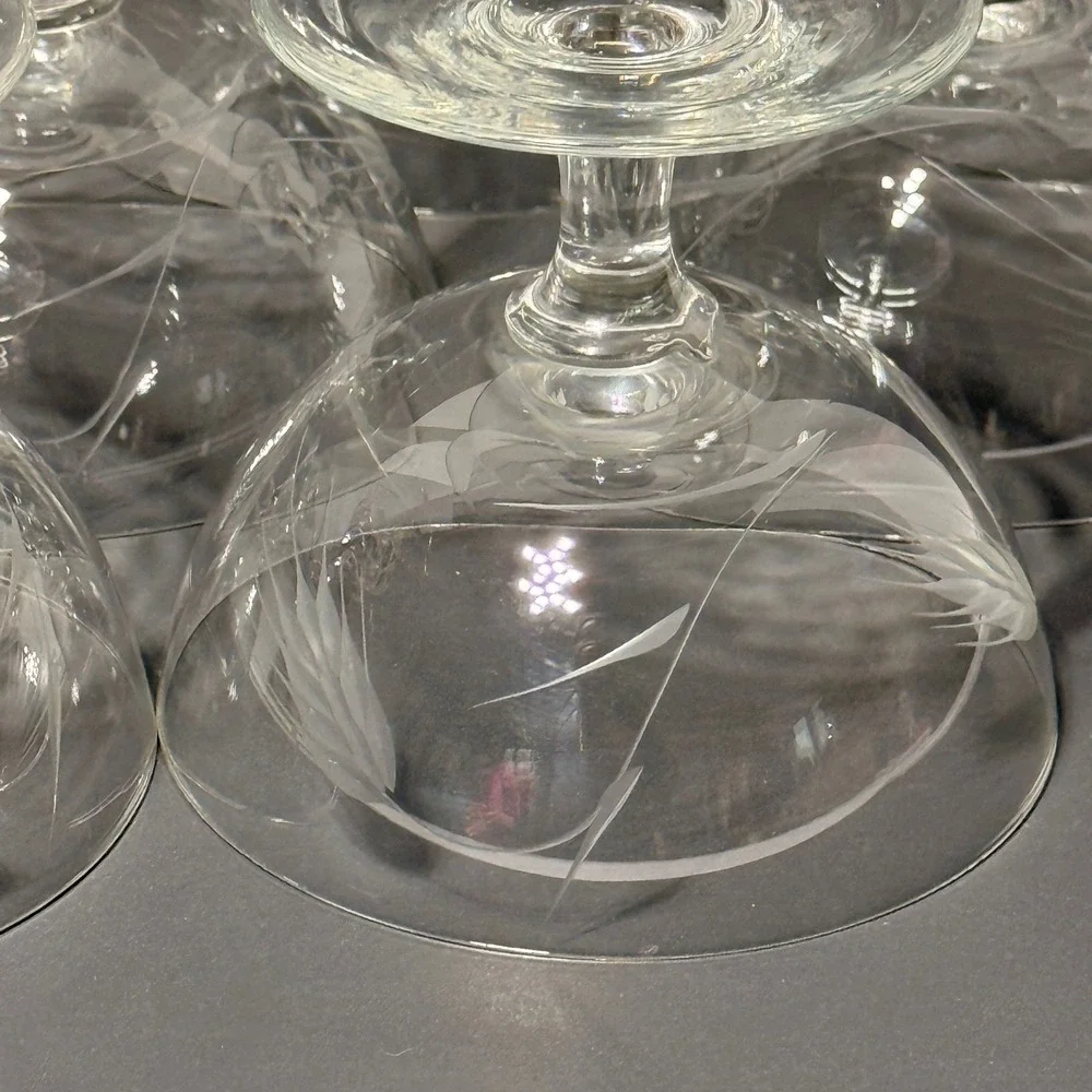 Vintage Etched Wheat Glass Champagne Coupe Sherbet Glasses Set of 9 Clear MCM